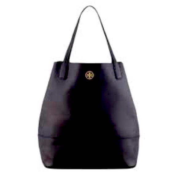 Tory Burch Michelle Leather Black Tote Bag Gold Logo - Picture 1 of 14